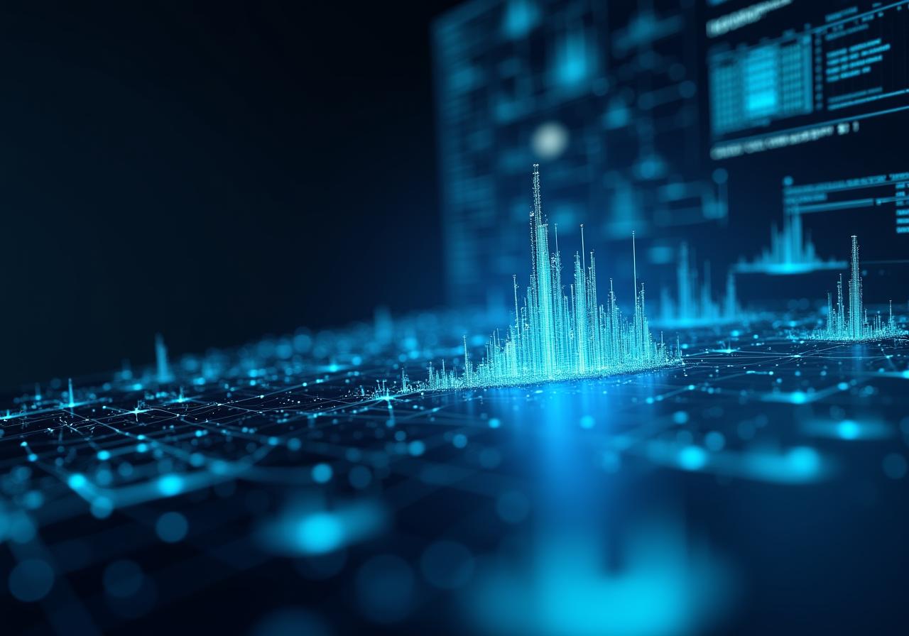AI-driven data analysis visualization showing complex neural networks and business growth charts