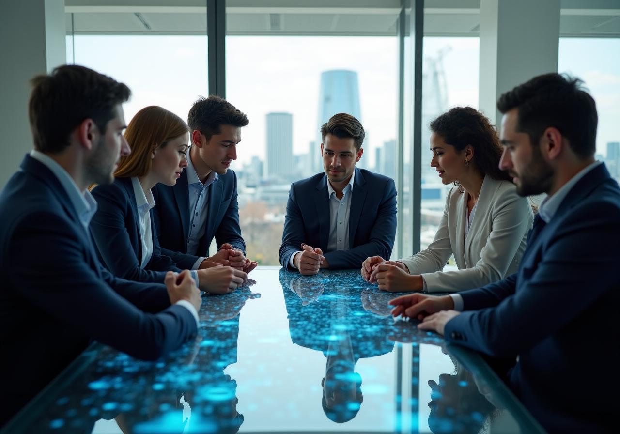 UmbraSight Labs data scientists collaborating in a modern London office environment over holographic charts
